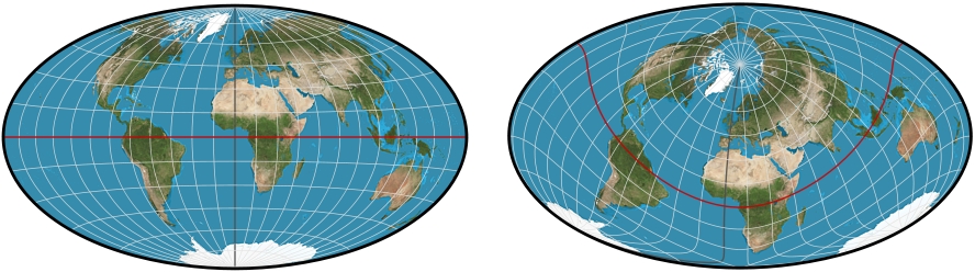 Right is the same projection, centered at 45°N